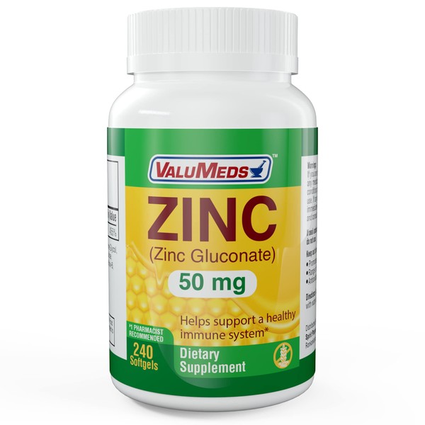 ValuMeds Zinc Gluconate 50mg Softgels Dietary Supplement for Women and Men (240 Softgels Bulk) Non-GMO and Gluten Free, Immune, Endocrine, Skeletal, and Cognitive Support