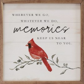 Kendrick Home Red Cardinal Memory Gift - Memories Keep Us Near Memorial Gifts for Loss of Loved One, White Hardwood Decor Sign for Sympathy, Condolences, Grief, and Remembrance, 4" x 4"