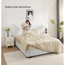 bienDo Bamboo Fitted Sheet, Small Double / 4ft (3/4 Bed), 400 Thread Count, Vegan Silk Bedding Linen, 35cm Deep, Hypoallergenic & Natural Cooling, Beige-Softer than Egyptian Cotton