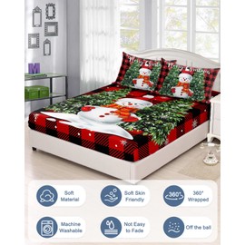 Winter Snowman Christmas Tree Fitted Sheet Set for Queen Size Bed Text on Xmas Red Black Buffalo Plaid 3 Pieces Bedding Sheets-Deep Pocket Bedsheet Fits Mattress Upto 16",2 Pillow Cases Bedroom Decor