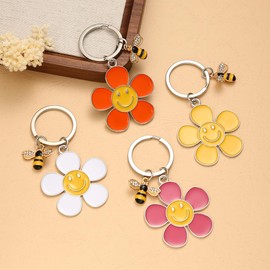 GKDFK Flower Bee Keychains Cute Smile Charms Metal Key Rings Car Key Chain Holder Bag Backpack Wallet Charms Accessories (Pink)