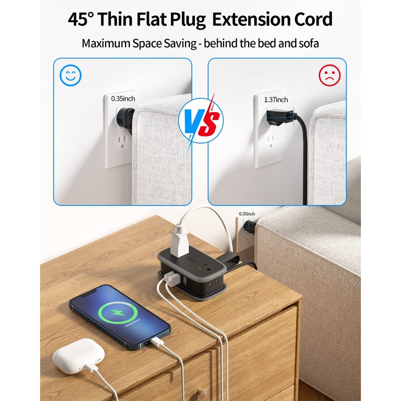 Travel Power Bar with USB C Port, NTONPOWER Flat Plug