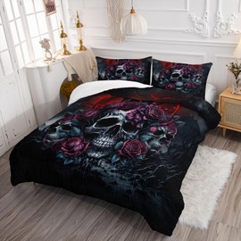 AILONEN Skull Decor Bedding Set Full Size, Romantic Red Rose Skeleton Comforter Set Bedroom Decor Men,Fiery Style Black Tint Soft Breathable Bed in a Bag,3 Pieces,1 Quilt and 2 Pillowcases