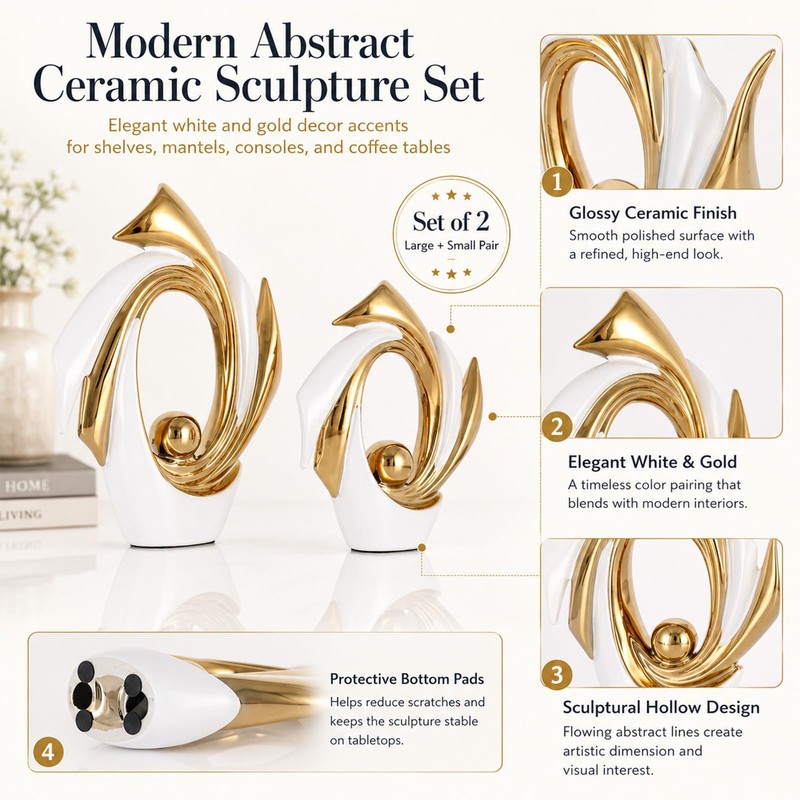 White and Gold Abstract Ceramic Sculpture Set of 2, Modern