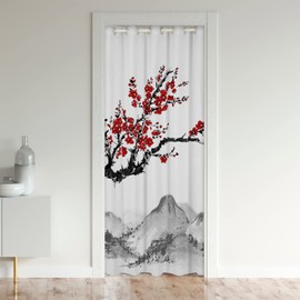 Erosebridal Japanese-Style Door Curtains for Doorways,Red Cherry Blossoms Printed Blackout Curtain,Mount Fuji Pattern Doorway Ink Painting Black White Stylish Room Divider Curtain 1 Panel,34''WX80''L