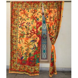 GDONLINE Orange Tree of Life Mandala Cotton Curtain Wall Hanging Mandala Window Door Curtains Wall Panels Hippie Boho Decor Tapestry Window Treatments Balcony Room Decor Curtain