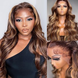 Honey Blonde HD Lace Front Wig Human Hair 13x6 Body Wave Lace Front Wigs Human Hair Pre Plucked 4/27 Ombre Wig Human Hair Colored Highlight Lace Front Wig for Women 180% Density 18 Inch
