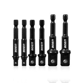 BOEN Juego de adaptadores de enchufe de grado de impacto, 6 adaptadores de broca con soporte de brocas, tamaños de 1/4 pulgadas, 3/8 pulgadas, 1/2 pulgadas, vástago hexagonal SAE de 1/4 pulgadas, Cr-V
