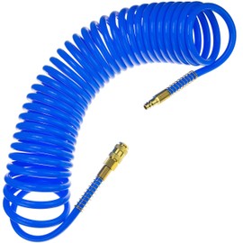 Compressed Air Spiral Hose SP-PU 10 m, Compressed Air Hose 8/12 mm Made of PU, Max. Pressure 10 Bar, with Kink Protection and Quick Coupling, Suitable for Pneumatic Tools
