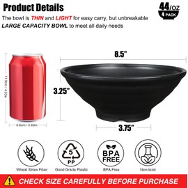 shopwithgreen Thin Plastic & Wheat Straw Japanese Ramen Bowl Set of 4, 44 OZ Large Ramen Bowls for Pho Thai Udon Soup Buldak Noodles, Dishwasher & Microwave Safe, Wheat Straw Bowls Set, NOT CERAMIC