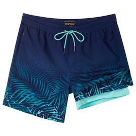 SURF CUZ Mens Swim Trunks with Compression Liner 5" Swim Shorts Quick Dry Bathing Suit Swimming Trunks Zipper Pockets Dark Blue Twig Medium