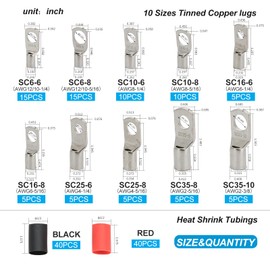 DTLDZSC Thick Marine Grade Copper Electric Wire Lugs Gauge AWG2 4 6 8 10 12，80Pcs Tinned Heavy Duty Battery Cable Lugs Ends Ring Terminal Connectors with 80Pcs 3:1 Heat Shrink Tubing Kit（160pcs）