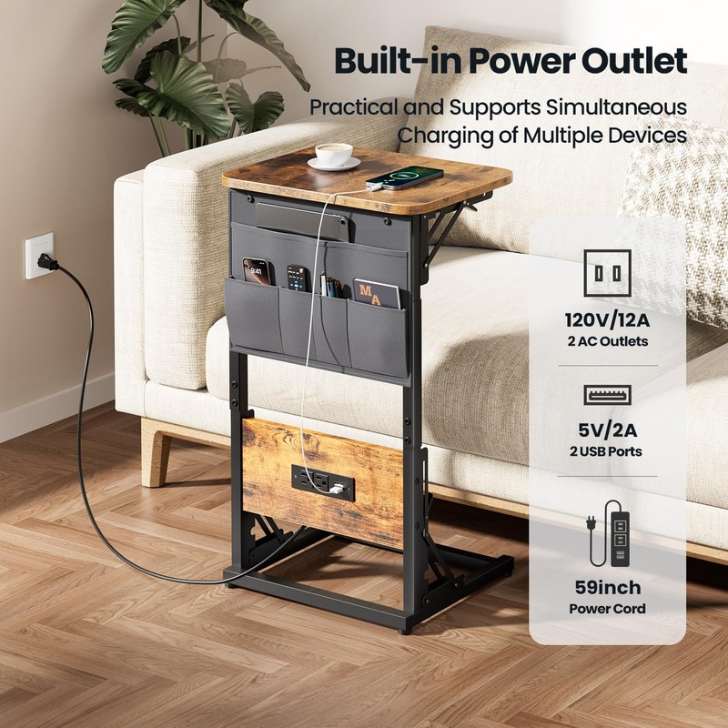 HLDIRECT C Shaped End Table with Charging Station, Couch Side