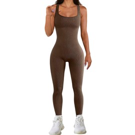 Bodycon Jumpsuit for Women UK, Sleeveless Square Neck Black Jumpsuit, Seamless Ribbed Stretchy Romper for Fitness Yoga Workout (Brown, M)