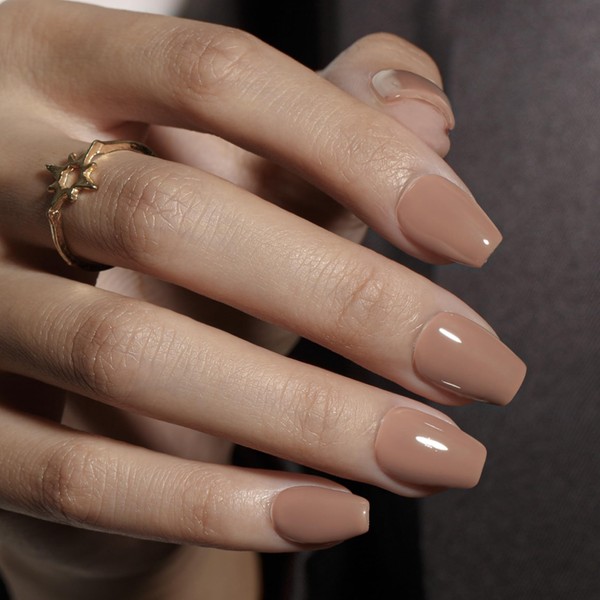 KQueenest Nude Brown Press on Nails Short Coffin, Short False