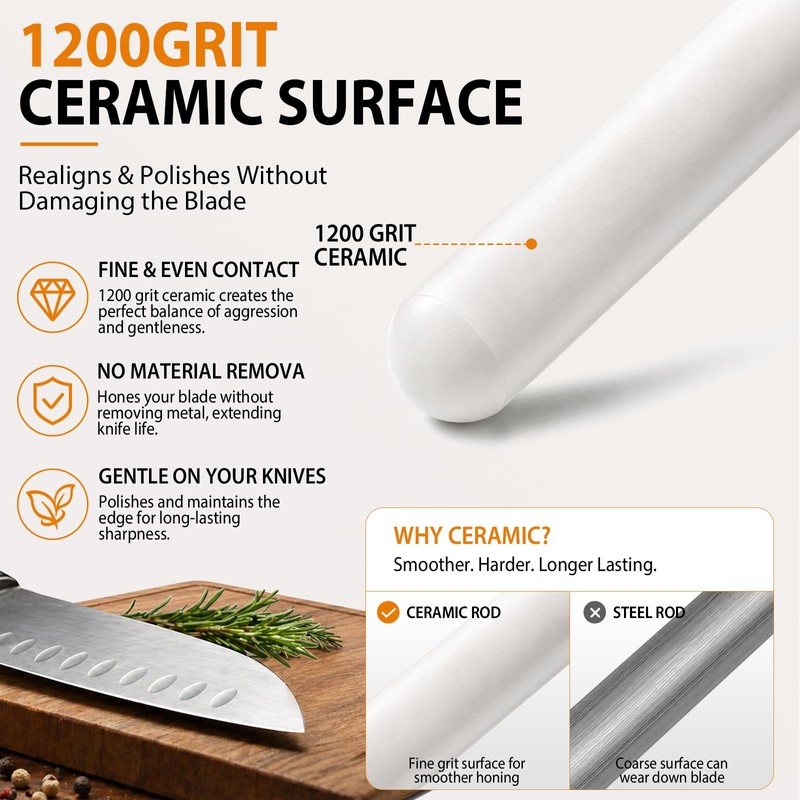 10-in Ceramic Honing Rod, 1200 Grit Knife Sharpener Rod for