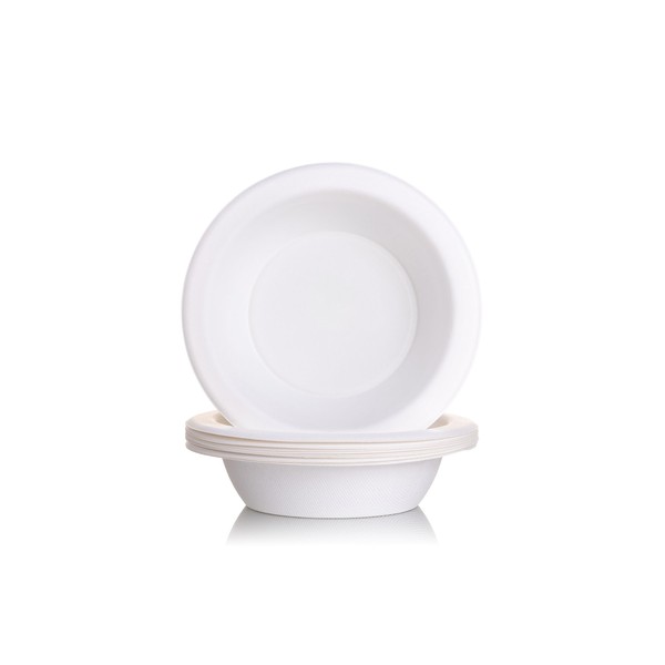 GoCoPack Bagasse Bowls: Pack of 50-12oz (340ml) White Round Strong Bagasse/Sugarcane Small Bowls - Eco Friendly 100% Biodegradable and Home Compostable (12oz - 340ml Round Bowls - Pack of 50)