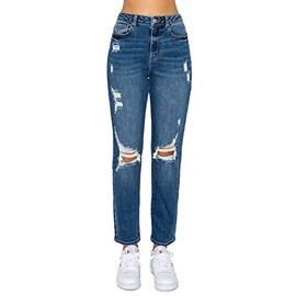 WAX JEAN Women's Mom Jean with Blown Out Knee, Dark, 0