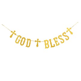 God Bless Banner Gold Glitter Baptism Garland for First Baptism Communion Party Christening Baby Shower Wedding Party Decorations