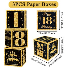 18th Birthday Decorations Boxes For Boys Girls - 3pcs Black Gold Happy 18th Balloons Boxes, 18 Year Old Party Supplies Birthday Table Decorations For Men Boy