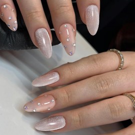 IQXGE Acrylic Press on Nails Almond Medium Gray Cat Eye Fake False Nails Press ons Full Cover Nude Powder Glossy Artificial Stick Glue on Nail with Rhinestones Design Fake Nail 24Pcs for Women