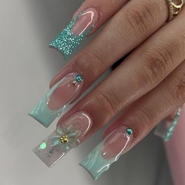 24Pcs Press on Nails Long Coffin Length Fake Nails French Green Glitter Flower Relief Design Glossy False Nails Glue Full Cover Acrylic Nails Reusable Artificial Nails Nails for Women DIY