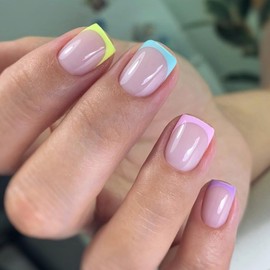 Colorful French Tip Press on Nails - French Tip Square False Nails - Summer Pastel Acrylic False Nails with Glue- Full Cover Nail Tips Long Lasting Stick on Nails for Women Girls Nails Art 24pcs