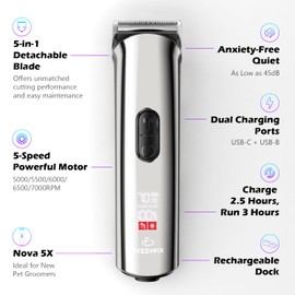 FuzzyFix FuzzyFix Professional Dog Grooming Clippers with Charging Dock, 5-in-1 Adjustable Blade Cordless Pet Grooming Kit 5 Speed Rechargeable Trimmer Hair Shaver with Detachable Guide Combs for Animal Horse
