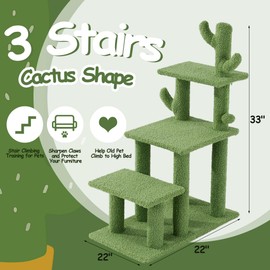 HOMBYS Cautus Cat Stairs for Old Cats & Dogs, Pet Steps for High Beds, Couch & Window,Vertical Cautus Green Cat Tree with Dangling Balls for Indoor Pets Climbing Playing, Holds Up to 150 Lbs,