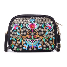 Women Bohemian Embroidered Small Cross-body Bag Cellphone Purse Smartphone Wallet Handbags Wristlet Bag with Adjustable Shoulder Strap(Black + Flower 03)