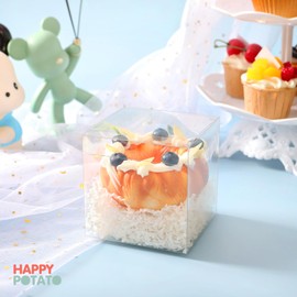 HAPPY POTATO 25 Pack PET Clear Party Favors Boxes with Ribbon, 4"x4"x4" Plastic Favors Boxes Macaron Packaging Boxes Clear Bakery Boxes, Candy Containers for Chocolate Desserts Cookies Muffins