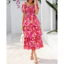 BTFBM Womens Square Neck Smocked Dress Summer Puff Short Sleeve Floral Casual Ruffle Tiered Maxi Wedding Guest Dresses(Floral Rose Red, Large)