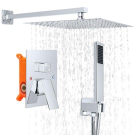 TENIGXT Wall-Mounted Bathroom Shower Faucet Set, With Shower Valve Shower Head and Handle Trim Kits, Rain Shower System(Chrome,10 Inch)