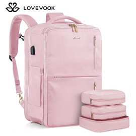 LOVEVOOK Fall TSA-Approved Expandable Carry-on Travel Backpack with 3 Packing Cubes and Shoe Compartment, Personal Item, Airline Approved Travel Bag for Hiking, Overnight and Weekender Trips:_Pink-Twill Fabric_40L_Non-Concealable Strap