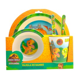 Vajilla individual infantil Jurassic World, juego de 5 piezas, plato trinche, tazón, vaso, tenedor y cuchara.