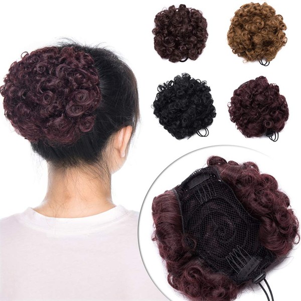 Afro Synthetic Kinky Curly Hair Bun Puff Ponytail for Black Women Drawstring (99J Red, 1piece)