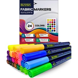 SUYASA 24 Textile Pens Machine Washable Fabric Paints Washable Fabric Colouring Pens Non-Toxic Permanent Textile Markers for T-Shirts, Cloth Bags, Bibs etc. Fabric Craft Pens
