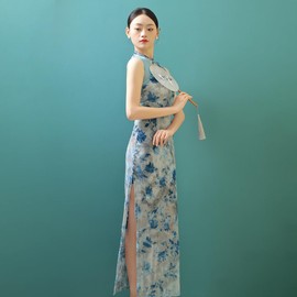 ROYAL SMEELA Chinese Qipao Dress for Women Sleeveless Patterned Cheongsam Mandarin Women's Chinese Dresses Clothes Black