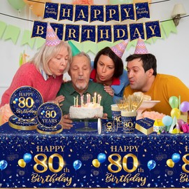 80th Birthday Decoration Men-142pcs Navy Blue and Gold Birthday Tableware Set(Serve for 20) Include Happy 80th Birthday Banner Plates Cups Napkins Tablecloth for Men 80th Birthday Party Supplies (80)