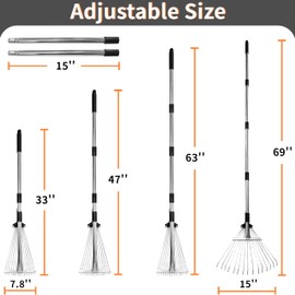 2 Packs Garden Rake for Leaves – Heavy Duty Metal Leaf Rake for Lawns with Adjustable Handle (33"-69") & Expandable Head (8"-15") – Durable for Lawn, Shrub, Garden Beds – Essential Gardening Tools