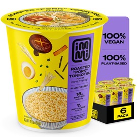 immi Roasted 'Pork' Tonkotsu Ramen Cup Noodles - 18g Plant-Based Protein, 8g Net Carbs, Keto Friendly, High Protein, High Fiber, Ready to Eat, 6 Pack