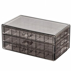 QAINJG Clear Acrylic Earring Organizer with 3 Drawers, Jewelry Box for Rings, Earrings, Necklaces, Makeup, Adjustable Earring Holder and Cosmetic Organizer (Grey)