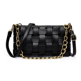 Women's Braided Shoulder Bag Weave Purse with Chain,Woven Crossbody Evening Small Handbag Satchel Clutch Evening Bag (Black)