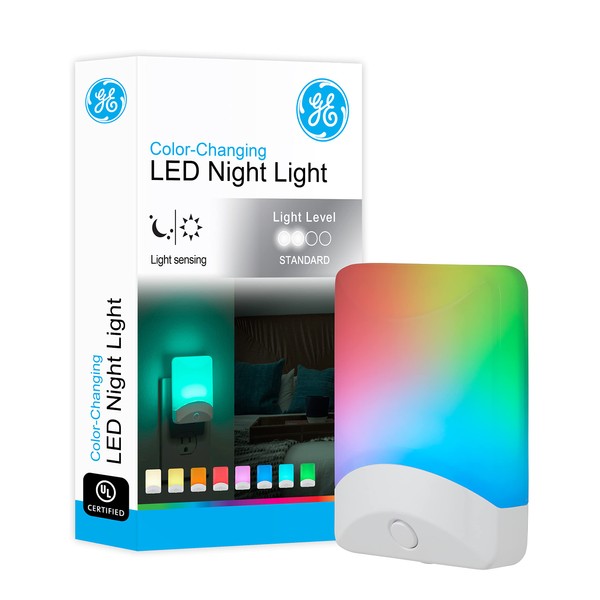 GE Color-Changing LED Night Light, White & Vibrant Color Modes, Plug-in, Dusk-to-Dawn Sensor, Energy Efficient, UL-Certified, Home Décor, for Kids, Bedroom, Bathroom, Nursery, 34693, 1 Pack, White