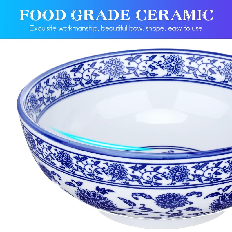 Kichvoe Blue and White Porcelain Bowl 8 Inch Oversize Chinoiserie