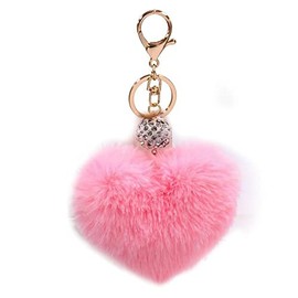Unpafcxddyig Pom Poms Keychains Cute Fluffy Heart Pearl Rhinestone Keyring Artificial fur Puff ball for Car Bag Charms,Pink