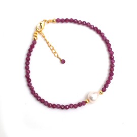 Gempires Natural Ruby Beads Bracelet with Freshwater Pearl, Crystal Bracelets, Gemstone Beaded Bracelet, July Birthstone, 6.5 + 1 Inch 14k Gold Plated Adjustable Chain (ruby)