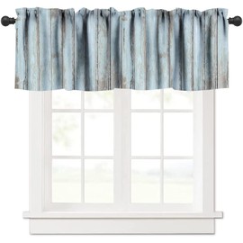 JESTRONRY Rustic Farm Style Kitchen Valance Curtain,Retro Country Farmhouse Barn Door Grey Blue Wood Planks Texture Print Rod Pocket Curtain Valance for Living Room Bathroom