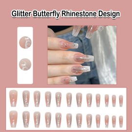 ANDGING White Press on Nails Coffin Medium French Tip Glue on Nails with Glitter Butterfly Rhinestone Design Fake Nails for Wedding Birthday Acrylic False Nails Women Stick on Nail with Glue CLG86U8