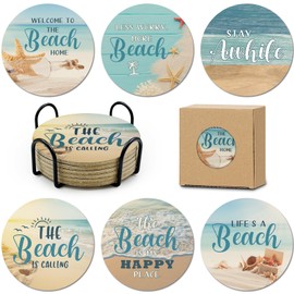 HSSPIRITZ Beach Coastal & Ocean Sea Tropical Theme Cork Coasters for Drinks,Kitchen Decor and Gifts for Beach House and Home Bar-Coasters for Wooden Table-Set of 6 with Holder